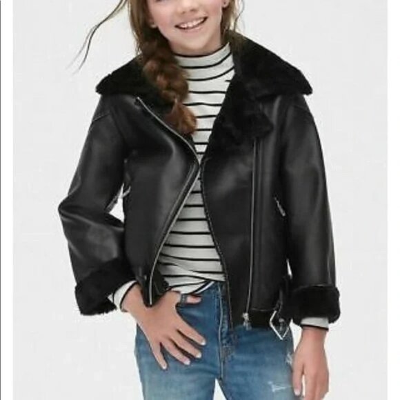 NEW Gap Kids Leather Faux Fur Lined Oversized Biker Jacket Black - Picture 5 of 5